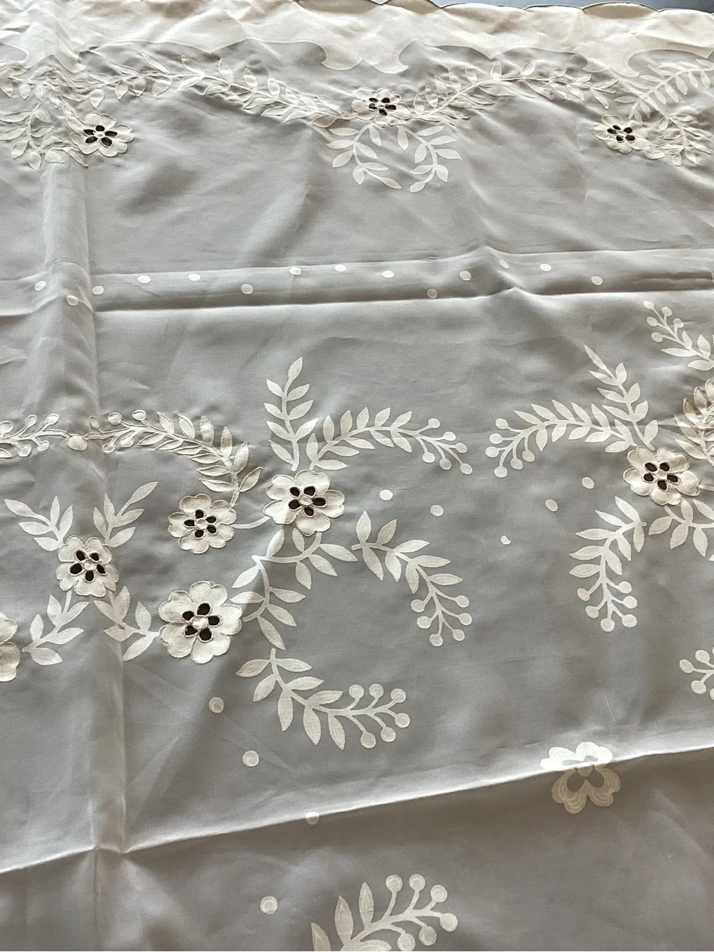 New 51” X  67” Off White Cotton Poly Sander Tablecloth Cut Work Embroidery